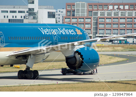 Frankfurt, Germany, July 9, 2017: Close-Up of Vietnam Airlines Boeing 787 on Taxiway Tow 129947964