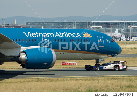 Frankfurt, Germany, July 9, 2017: Close-Up of Vietnam Airlines Boeing 787 on Taxiway Tow 129947971