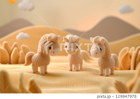 可愛い3頭のお馬さん（午年・干支・年賀状素材） 129947978