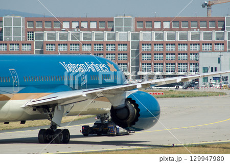 Frankfurt, Germany, July 9, 2017: Close-Up of Vietnam Airlines Boeing 787 on Taxiway Tow 129947980