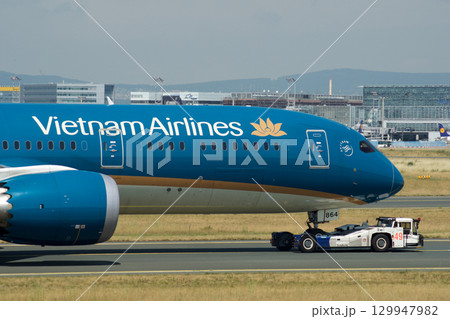 Frankfurt, Germany, July 9, 2017: Close-Up of Vietnam Airlines Boeing 787 on Taxiway Tow 129947982