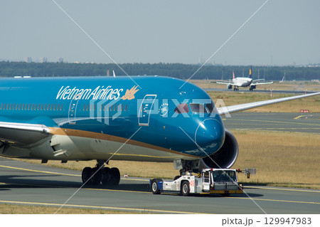 Frankfurt, Germany, July 9, 2017: Close-Up of Vietnam Airlines Boeing 787 on Taxiway Tow 129947983