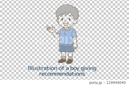 一個微笑的小男孩指引方向的插圖 129948040