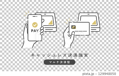 キャッシュレス決済のベクターアイコン (スマホ、クレジットカード、電子マネー、交通系) 129948050