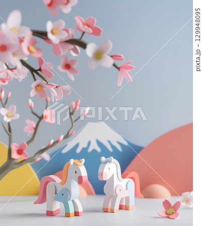 馬と梅の花と富士山（午年・干支・年賀状素材）-タテ 129948095