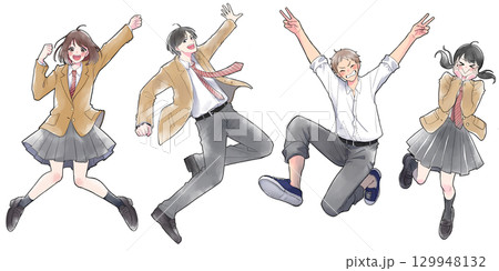 ジャンプして喜ぶ学生達 集合絵 笑顔のイラスト素材 [129948132] - PIXTA