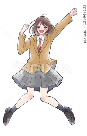 ジャンプして喜ぶ女子学生 　笑顔 129948133