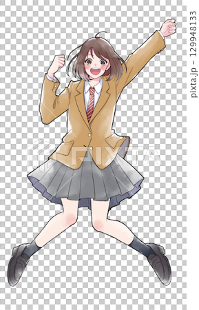 ジャンプして喜ぶ女子学生 　笑顔 129948133