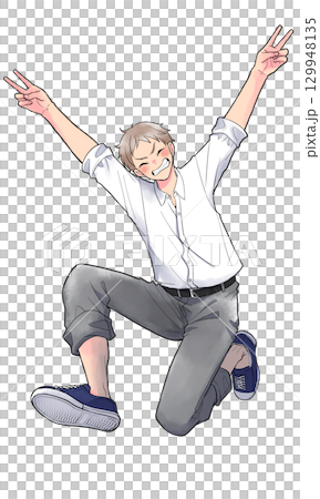 男學生高興地跳起來，微笑著 129948135