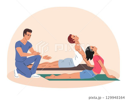 Cobra stretch physiotherapy exercise with instructor 129948164