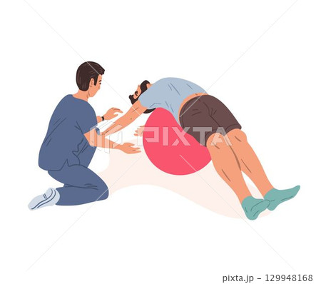 Physiotherapist helping man on stability ball for back rehab 129948168