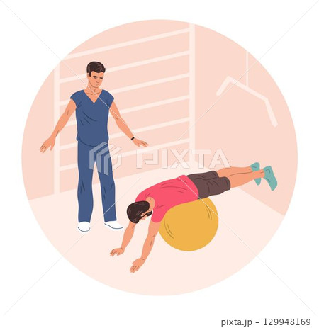 Man doing plank on exercise ball with physiotherapist supervision 129948169