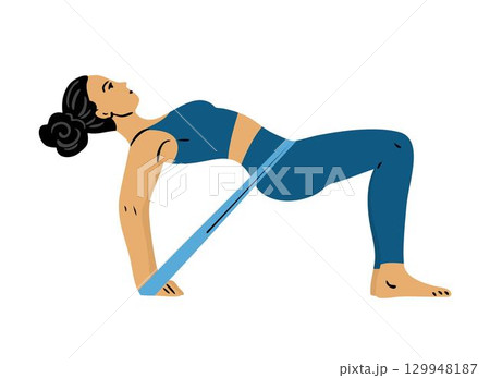 Woman glute bridge with resistance band Woman glute bridge with resistance band 129948187