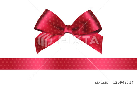 Shiny Red satin ribbon on white background. Vector Christmas gift, valentines day, birthday wrapping element 129948314