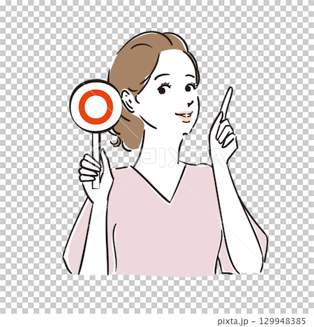 A beautiful woman judging whether the answer is correct or incorrect with a card 129948385