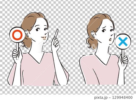 正解か不正解か札でジャッジする綺麗な女性 129948400