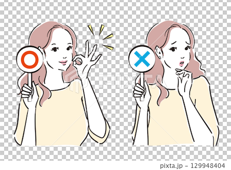 A beautiful woman judging whether the answer is correct or incorrect with a card A beautiful woman judging whether the answer is correct or incorrect with a card 129948404
