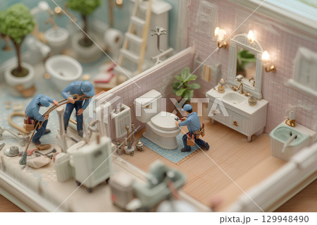 トイレの水廻りを修理している作業員-2(ジオラマ) トイレの水廻りを修理している作業員-2(ジオラマ) 129948490