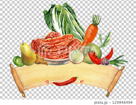 Kimchi vegetables and papyrus ribbon. Watercolor illustrations hand drawn isolated on transparent background. Chinese cabbage, onion, ginger, carrot, daikon and pepper. For Kimchi Day  129948494