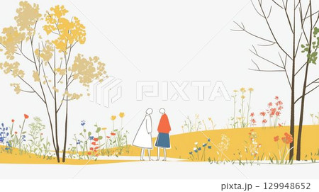 秋の木々と花畑の中で語りあう二人のイラスト 秋の木々と花畑の中で語りあう二人のイラスト 129948652