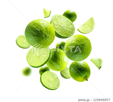 green lime levitated on a white background 129948957
