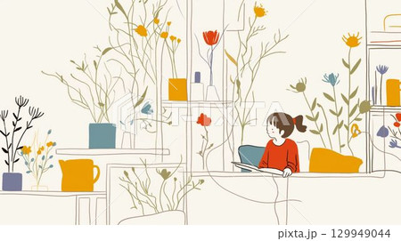 花と本棚に囲まれて本を読む女の子のイラスト 129949044