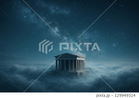 雲海に浮かぶ古代石造りの神殿と星空の幻想風景 129949324