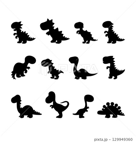 Silhouettes of various dinosaur shapes in playful poses, suitable for educational and creative projects Silhouettes of various dinosaur shapes in playful poses, suitable for educational and creative projects 129949360