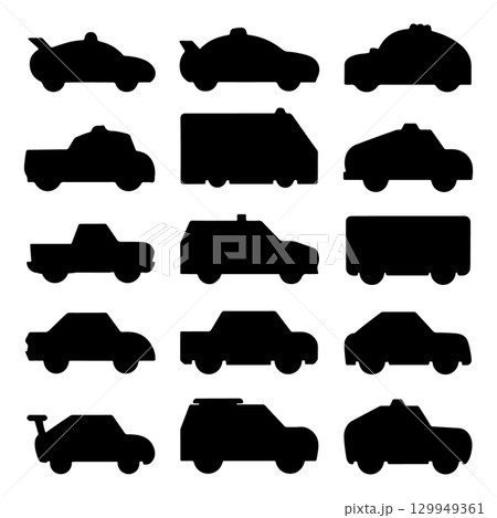 Silhouettes of various vehicles including cars, trucks, and vans organized in a grid on a plain background 129949361