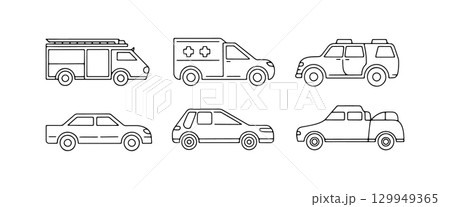 Various types of emergency and utility vehicles depicted in a simple line art style showcasing their unique features Various types of emergency and utility vehicles depicted in a simple line art style showcasing their unique features 129949365