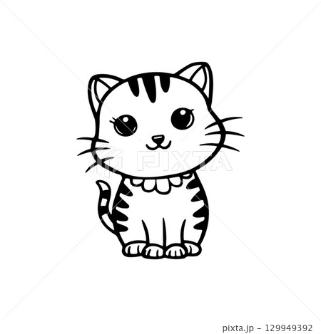 Cute cartoon cat character with stripes and big eyes sitting calmly in a simple design with a white background Cute cartoon cat character with stripes and big eyes sitting calmly in a simple design with a white background 129949392
