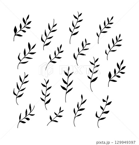 Leafy branch silhouettes arranged in a pattern showcasing botanical design elements for decoration or graphic use 129949397