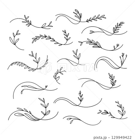Collection of hand-drawn botanical line art elements on a white background for creative design projects Collection of hand-drawn botanical line art elements on a white background for creative design projects 129949422