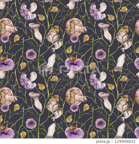 Russula webcap hiratake oyster mushroom, fallen autumn leaves snails, twisting brambles branches twigs. Watercolor hand drawn seamless pattern. Wild food market packaging, wrapping isolated on dark 129949832