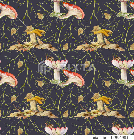 Golden chanterelle russula mushroom on top of fallen autumn leaves pile seamless pattern hand drawn in watercolor. Girolle cortinarius webcap fungi, natural brambles twisting branches isolated on dark 129949833