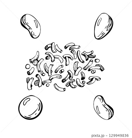 Sugar candy dragee bonbons, sprinkles strands scattered randomly. graphic line illustration hand drawn in vector ink. Sweet cafe, summer snack wrap, flavor sticker, dessert ice cream topping frosting 129949836