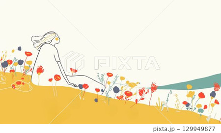 花畑と女性の穏やかなイラスト 129949877