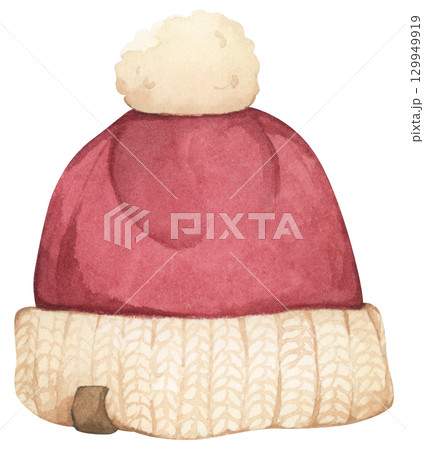 Christmas knit hat. Cute warm winter knitted pom beanie hat. Watercolor illustration.  129949919