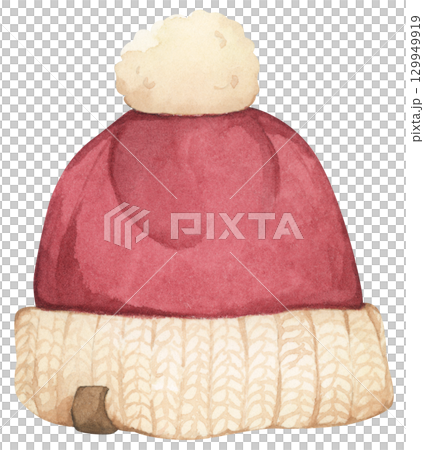 Christmas knit hat. Cute warm winter knitted pom beanie hat. Watercolor illustration.  129949919