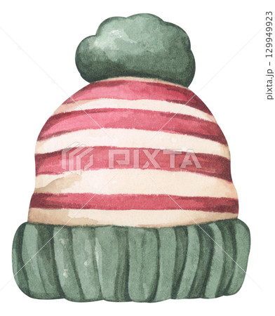 Christmas knit hat. Cute warm winter knitted pom beanie hat. Watercolor illustration.  129949923