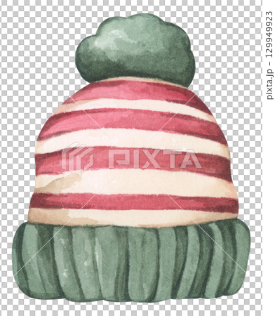 Christmas knit hat. Cute warm winter knitted pom beanie hat. Watercolor illustration.  129949923