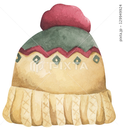 Christmas knit hat. Cute warm winter knitted pom beanie hat. Watercolor illustration.  129949924