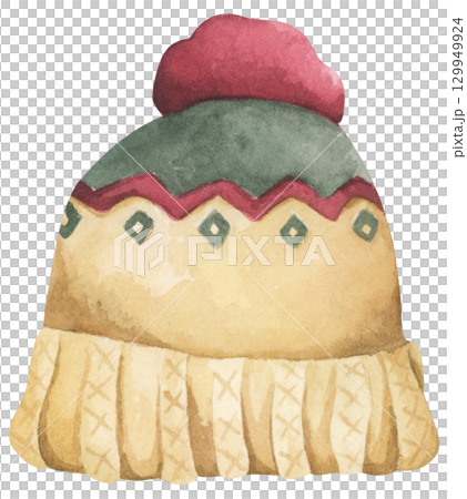 Christmas knit hat. Cute warm winter knitted pom beanie hat. Watercolor illustration.  129949924