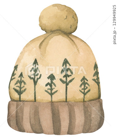 Christmas knit hat. Cute warm winter knitted pom beanie hat. Watercolor illustration.  129949925