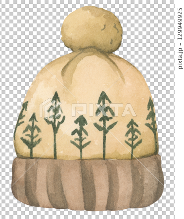 Christmas knit hat. Cute warm winter knitted pom beanie hat. Watercolor illustration.  129949925