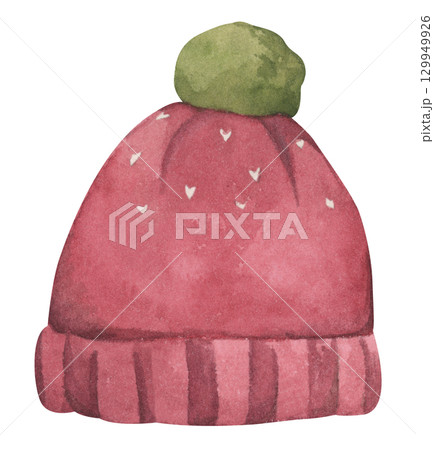 Christmas knit hat. Cute warm winter knitted pom beanie hat. Watercolor illustration. Christmas knit hat. Cute warm winter knitted pom beanie hat. Watercolor illustration. 129949926