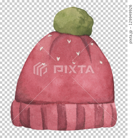 Christmas knit hat. Cute warm winter knitted pom beanie hat. Watercolor illustration. Christmas knit hat. Cute warm winter knitted pom beanie hat. Watercolor illustration. 129949926
