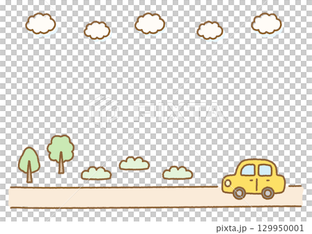 手繪風景與汽車、樹木和天空 129950001