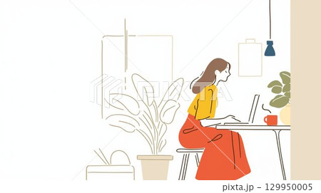 ノートパソコンで作業する女性と観葉植物のイラスト ノートパソコンで作業する女性と観葉植物のイラスト 129950005