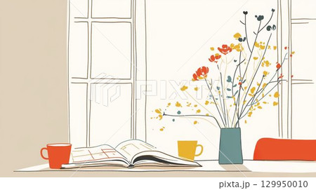 窓辺のテーブルに花瓶と本とカップのあるイラスト 129950010